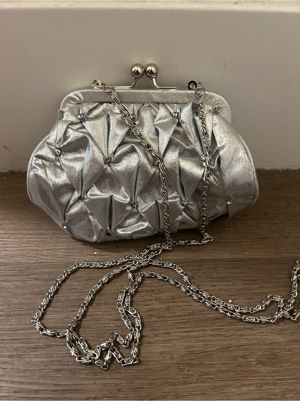 Silver Quilted Evening Clutch with Chain Strap